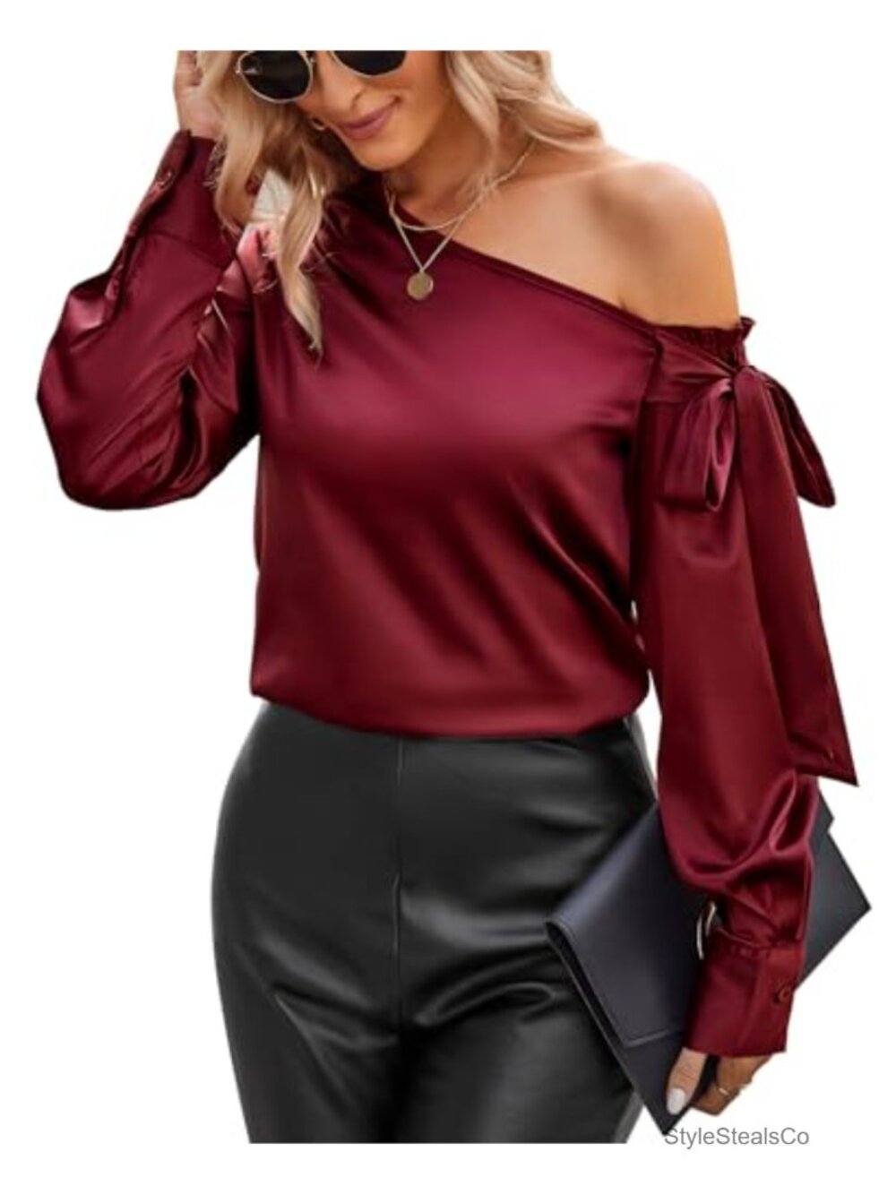 Satin Silk Off Shoulder Blouse Long Sleeve Casual Dressy Work Top